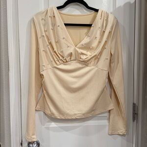 Cream Long-Sleeve V-Neck Top with Pearl Detail